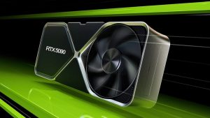 RTX 5090 با طراحی مدرن، فن بزرگ و پس‌زمینه سبز-سیاه؛ نماد قدرت در گیمینگ
